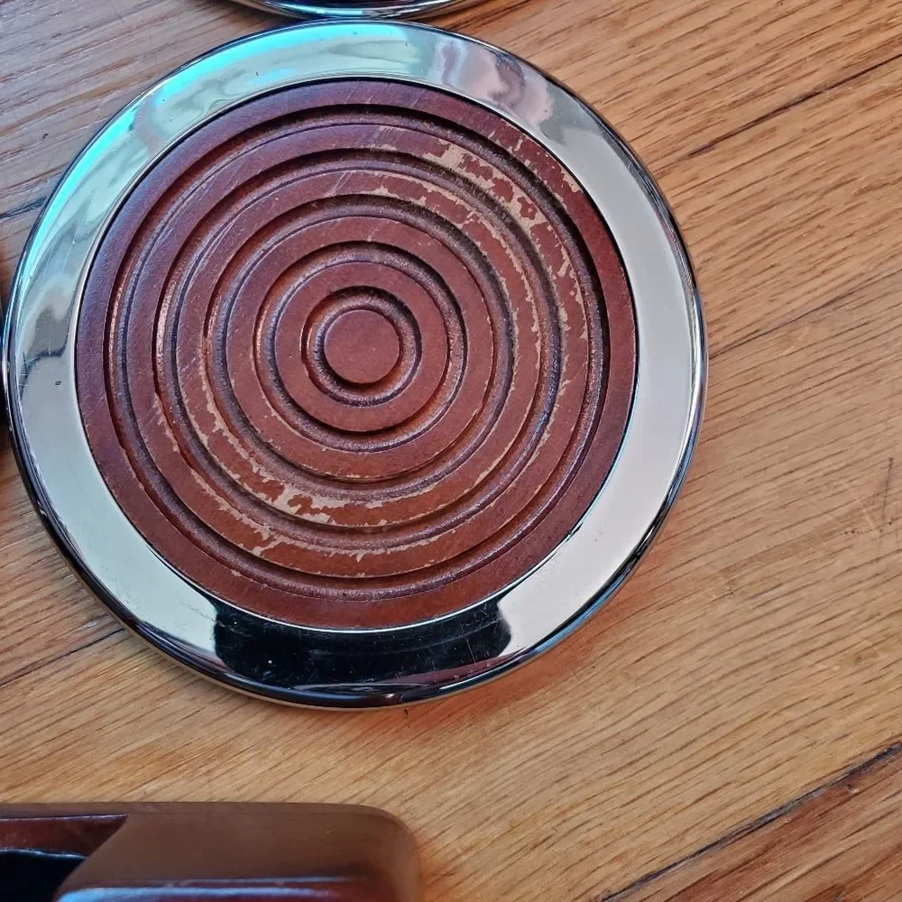Williams Sonoma wood and metal round coaster set of four with‎ holder